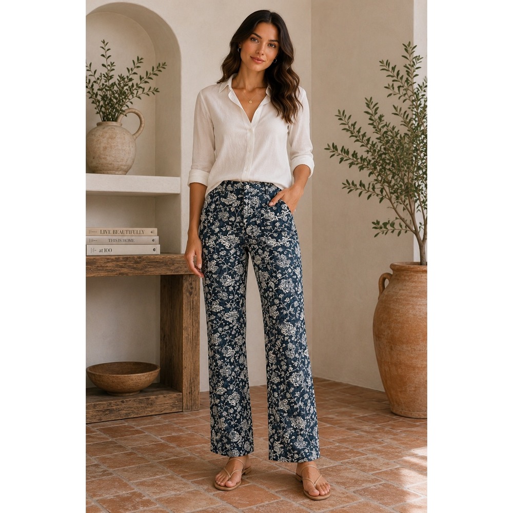 Peruvian Connection Women's Floral Print Wide Leg Tencel Pants Blue White Size 6
